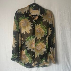 Liz Claiborne Black Sheer Sunflower Print Button-Down Shirt